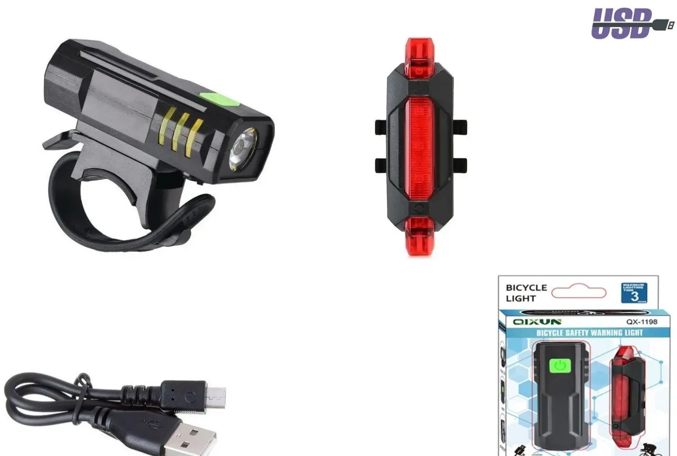 Фонари комплект LED перед+задн QX-Q11/DC-918, P40 1/5 LED, USB кабель, с аккум. 600 mAh, 3.7V, QX-T1